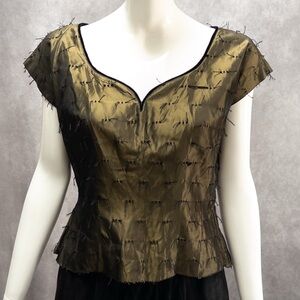 Vintage 40s / 50s Green Bronze Gold Silk Taffeta Fringed Cocktail Top